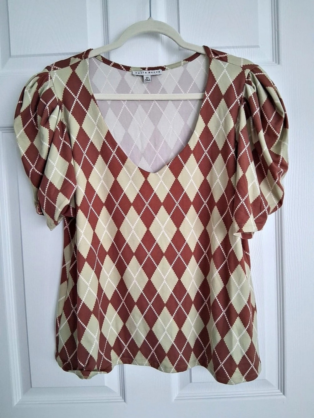 Haute Monde Argyle Puff Sleeve Blouse in Burgundy & Beige Size 2X